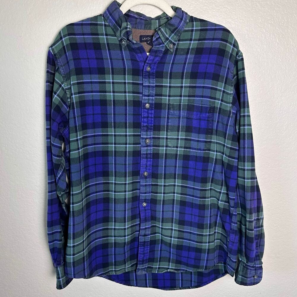Lands' End Men's Flagship Flannel Shirt Blue Green Plaid Size M (15-15.5)